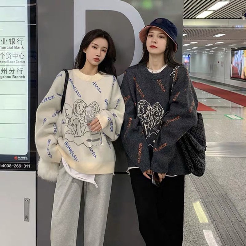 Vintage Port style sweater women's fashion new autumn and winter foreign style thickened loose lazy college style Korean sweater