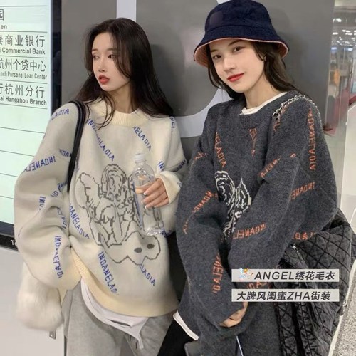 Vintage Port style sweater women's fashion new autumn and winter foreign style thickened loose lazy college style Korean sweater