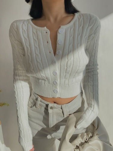 European and American Retro High Waist short long sleeved sweater small cardigan sexy navel exposed knitted top women show thin proportion