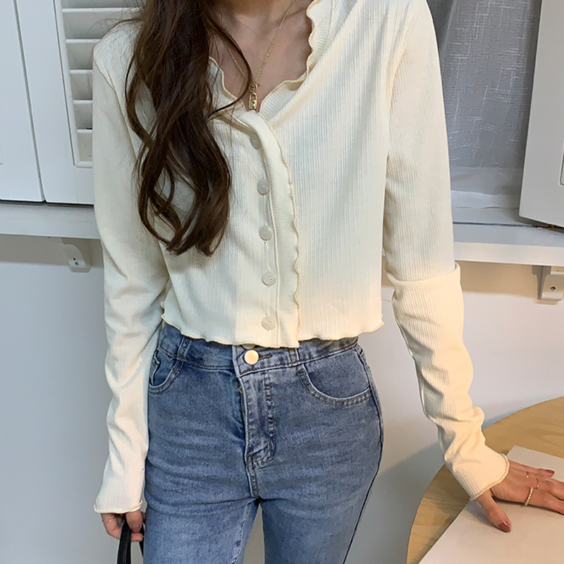 Korean new style temperament slim fit and versatile V-neck wave edge cardigan knitted women's coat long sleeved top