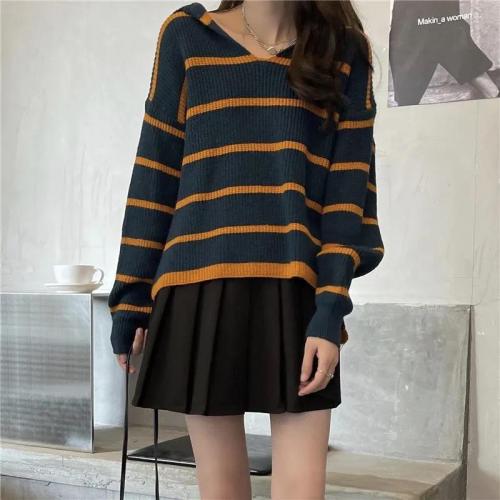 Official picture striped sweater high-grade autumn and winter loose sweater Pullover new Korean version soft waxy lazy wind outside