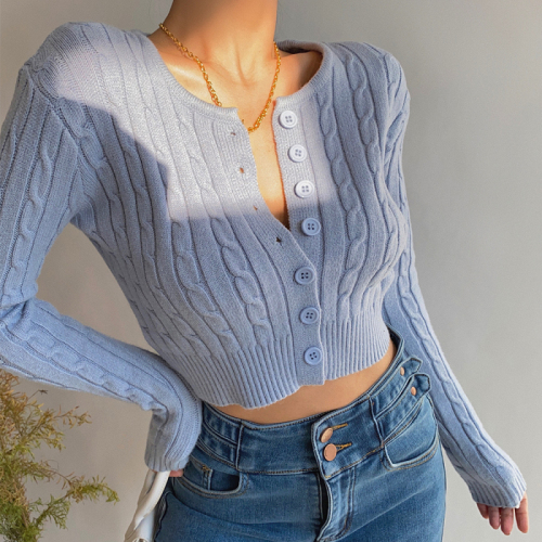 European and American Retro High Waist short long sleeved sweater small cardigan sexy navel exposed knitted top women show thin proportion