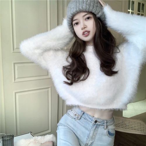 Real price real shot soft imitation mink sweater 2021 new lazy loose short Knitted Top
