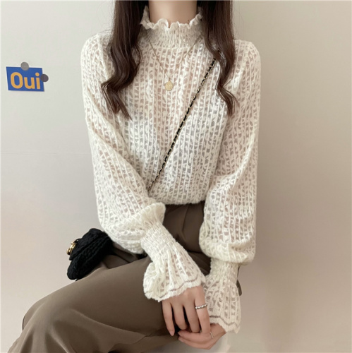 Real price and real shooting new autumn and winter half high collar lace cut out air bottomed shirt Korean thin shirt