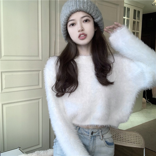 Real price real shot soft imitation mink sweater 2021 new lazy loose short Knitted Top
