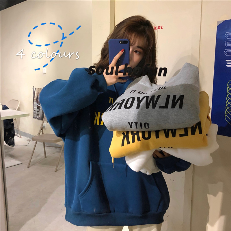 Autumn winter grey hooded sweater women's new autumn minority loose top tide Plush thickened winter