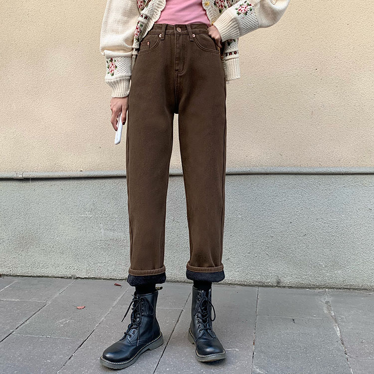 Real price 2021 autumn winter Korean Vintage coffee Plush thickened high waist straight jeans