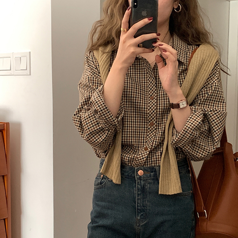Plaid Shirt women's autumn new Korean Brown loose long sleeve bottomed shirt