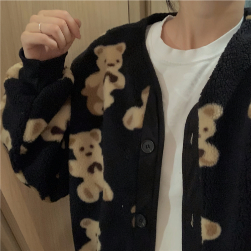 Real shooting ~ knock cute childlike fun の little bear lamb wool round neck jacket Parker jacket to keep warm in Korean winter