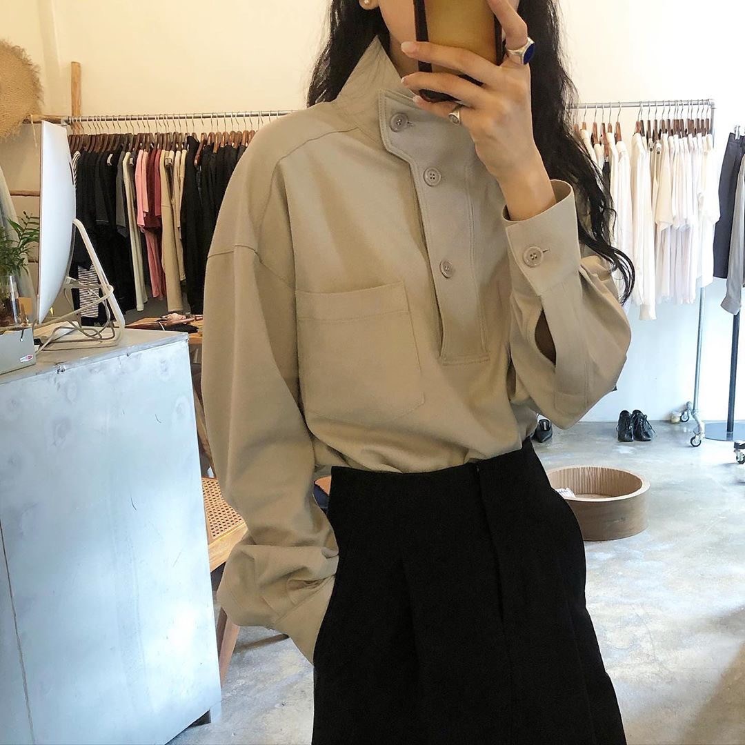 Korean chic autumn niche design stand up collar diagonal buckle loose solid color casual versatile long sleeve shirt women's top