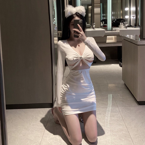 Real shot pure white hollow out sexy nightclub low chest long sleeve tight slim wrap hip dress women