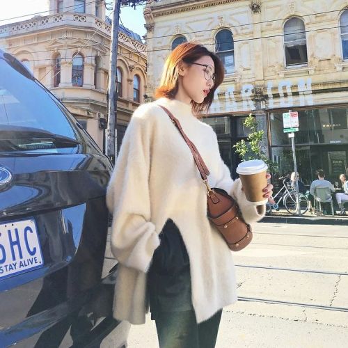 Lazy wind split mink semi high neck sweater women's mid long loose Korean student bottomed sweater in autumn and winter