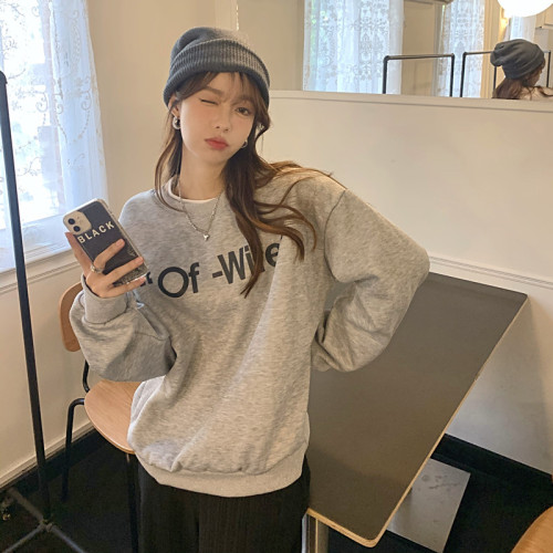 Real price real shooting autumn and winter Plush thickened letter loose lazy wind hoodless Pullover Top