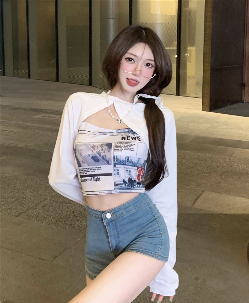 Real price real shooting sports leisure style fashion suit solid color long sleeve blouse digital printing suspender trend
