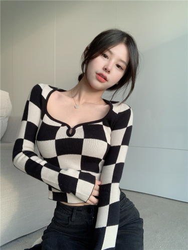 Real shooting plaid sweater short Tight Sexy pure desire style long sleeve inner bottom shirt hot girl top