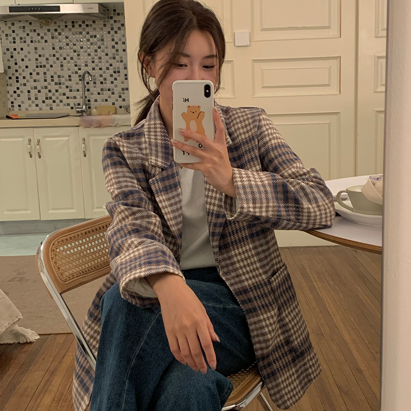 Real shooting autumn and winter retro versatile Plaid striped tweed suit women's coat trend