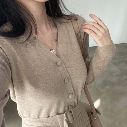 Korean ins autumn and winter lace up waist thin medium length knitted dress