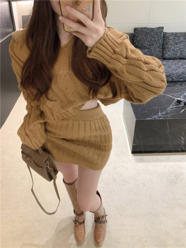 Real price winter new lazy wind twist Hooded Sweater Hip Wrap short skirt fashion suit