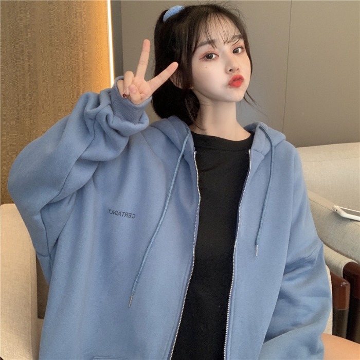Real shooting of new winter clothes college style solid color letter hooded long sleeved cardigan jacket thin women's sweater