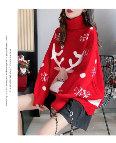  Autumn Winter Christmas deer medium long large high neck sweater female red lazy wind loose sweater