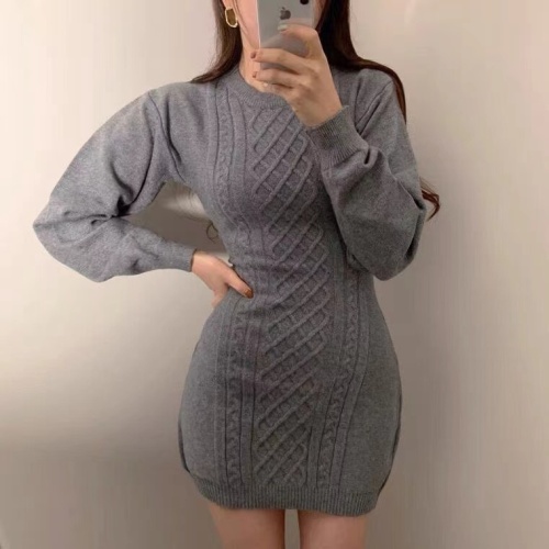 Korean ins autumn and winter temperament round neck rhombic pattern careful machine backless slim wrap hip knitted dress women