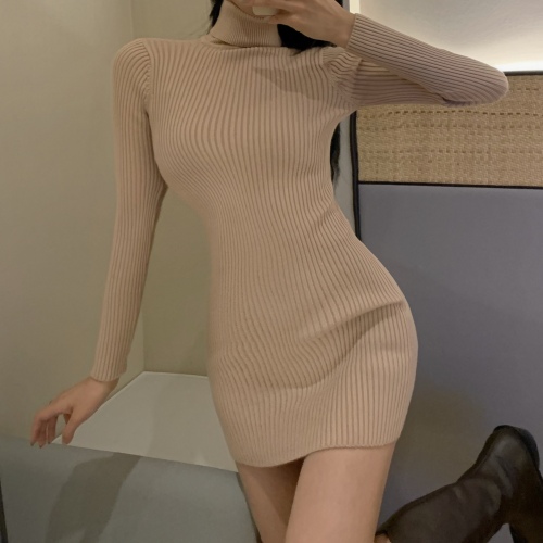 Real shooting real price high collar knitted dress women's autumn and winter slim fit inner bottom skirt medium and long wool dress