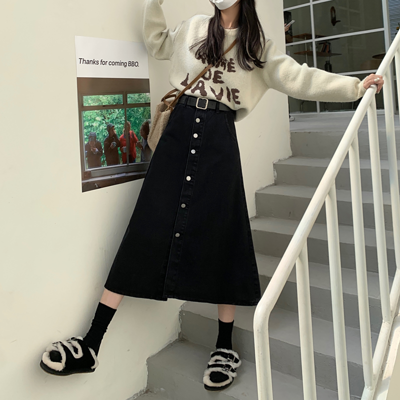 Real price in 2021 winter New Black Retro thin single breasted skirt A-line large swing denim skirt
