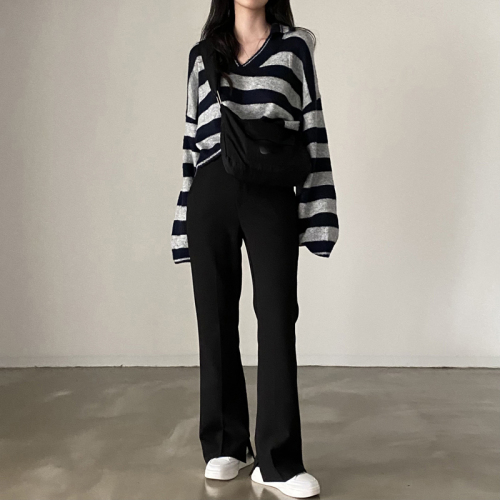 Korean chic autumn winter New Stripe retro versatile loose lazy V-Neck long sleeve sweater top women