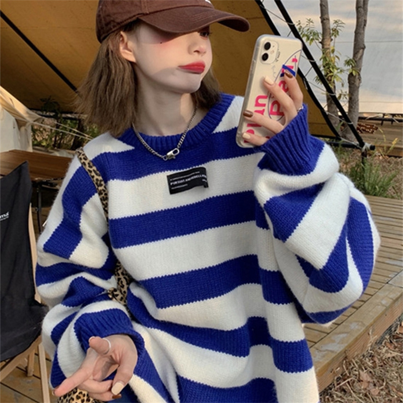 Soft milk Klein Blue Stripe sweater women's top design 2021 spring and autumn loose retro Japanese lazy coat