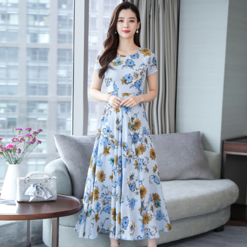 Flowers over the knee show thin super fairy fashion long skirt new round neck short sleeve show thin women long dress