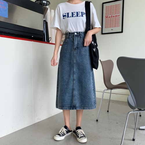 Real photo real price split skirt retro Hong Kong Style medium length high waist thin denim skirt female