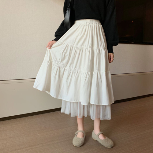Real picture real price new picture Korean version elastic waist splicing pleated skirt half skirt with mesh edge big swing skirt