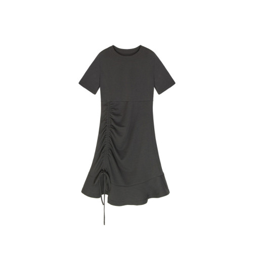 Slim Short Sleeve Little Dresses Women's New Summer Drawstring T-shirt Short Lotus Leaf Skirt of 2019