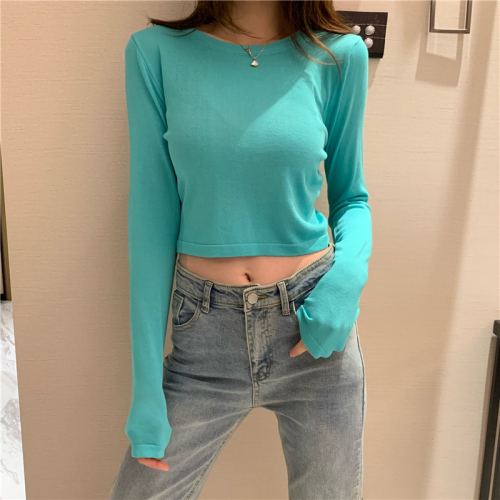 Real-price high-waist short-style skinny knitted jacket showing thin umbilical cord