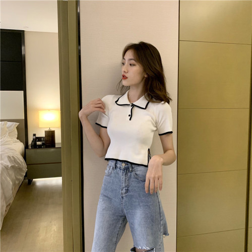 Short-sleeved Women's Korean Edition Simple Slim Blouse with Colour-Coloured Edge and Real Price