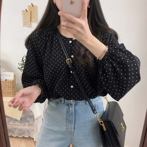 South Korean new soft girl wavelet dot long sleeve shirt female