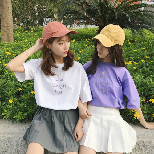 Summer Korean Version of Loose Large Size Embroidery Letter Aixin College Wind T-shirt with Round Neck and Short Sleeve Simple Top
