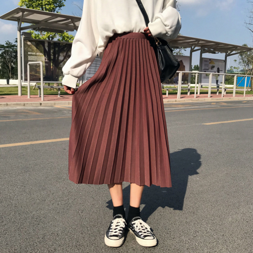 Actual Shot-Autumn-Winter New Pure Colored Pendant Mid-long Pleated Half-length Skirt Korean Version Baitao A-shaped Elastic Waist Skirt Children