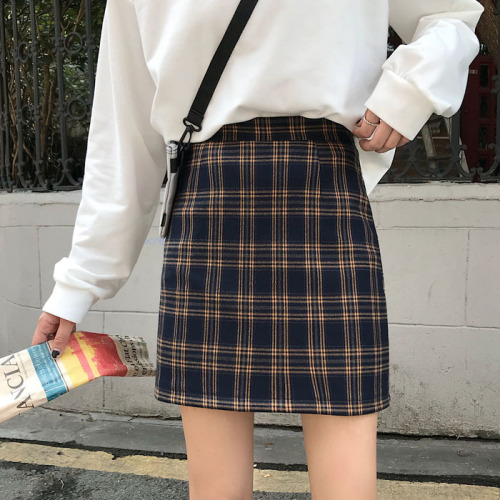 Autumn 2018 New Korean Chequered Half-length Skirt Female Short Slim High Waist Student A-shaped Short Skirt