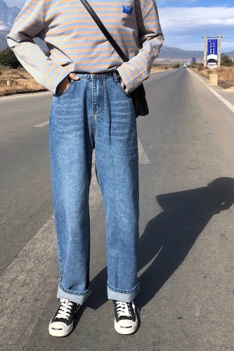 Actual Spring Retro High-waist Loose Straight-barrel Broad-legged Jeans