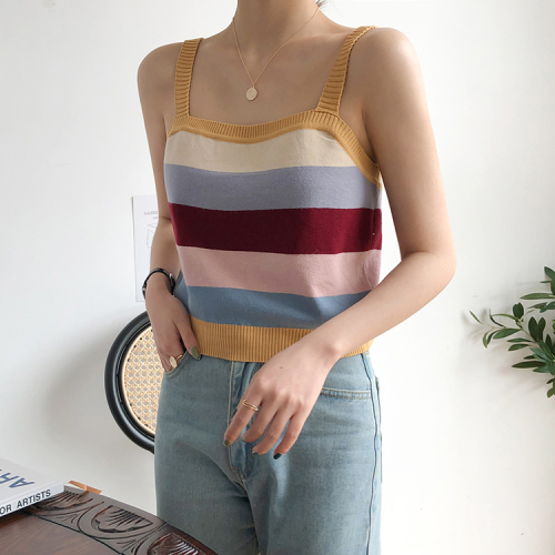 Short waistcoat with real-price color stitching stripes