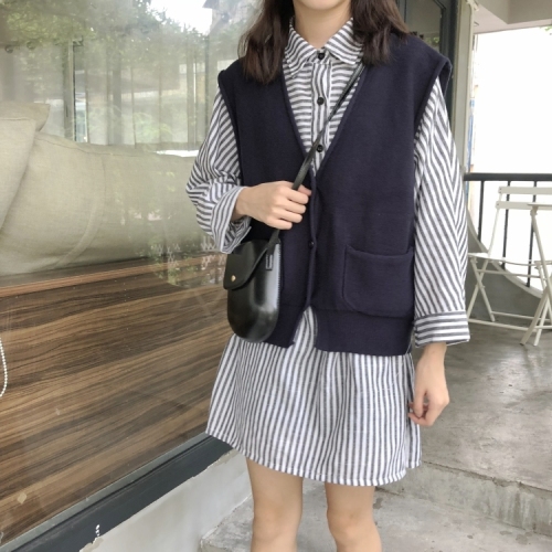 Composition Detection Real Price Stripe Stitching and Turn-lapel Pocket Shirt Skirt Mid-length Dress