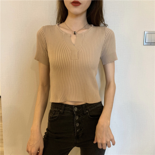 Real photo real price summer Korean solid slim short Knitted Top
