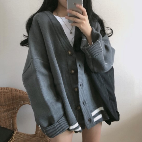 Women's Knitted Sweaters Autumn Winter Korean Edition Loose Bottom Student V-collar Jacket with Thick Lazy Wind Top and Sweater Opener