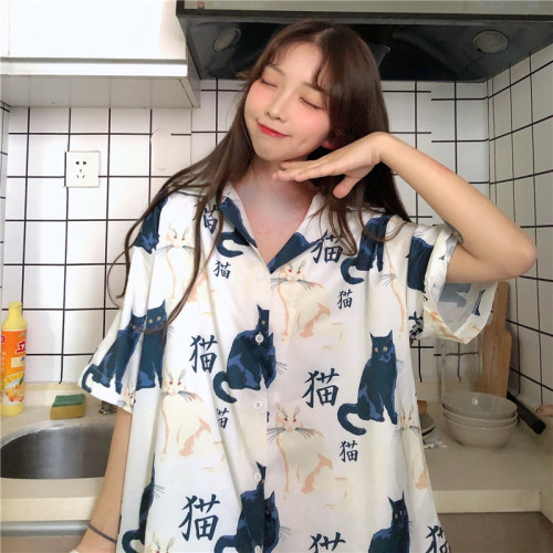 Live video cat printed shirt loose and versatile top trend