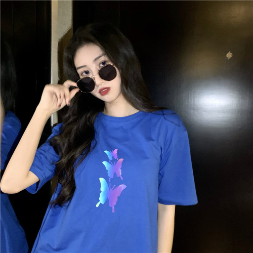 Real time net red butterfly laser printing fashion Short Sleeve T-Shirt Top lovers trend