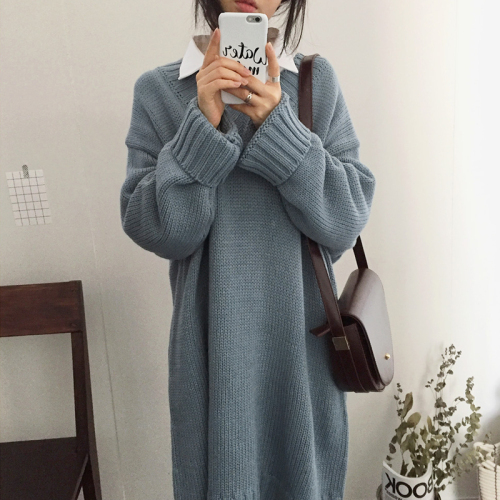 Quality Inspection of Korean Chic Autumn Dresses Lazy Wind Loose V-collar Medium-length Wool Dresses and Skirts