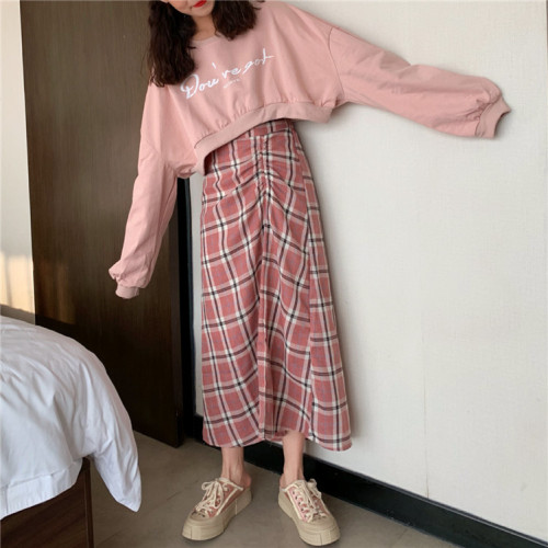Real-price loose short-style bathroom + checked pull-rope half-length skirt