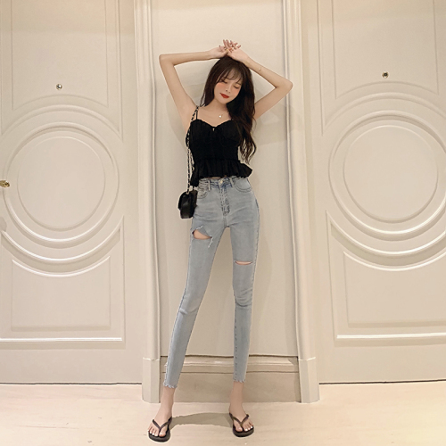 Real Price - Hong Kong Style Personality Hole Closed waist Slim Small-footed Jeans Nine-minute Pants Girl