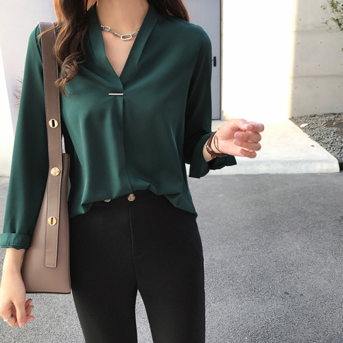 Spring new gentle style collar shirt women's long sleeve top Korean style chiffon shirt solid bottom